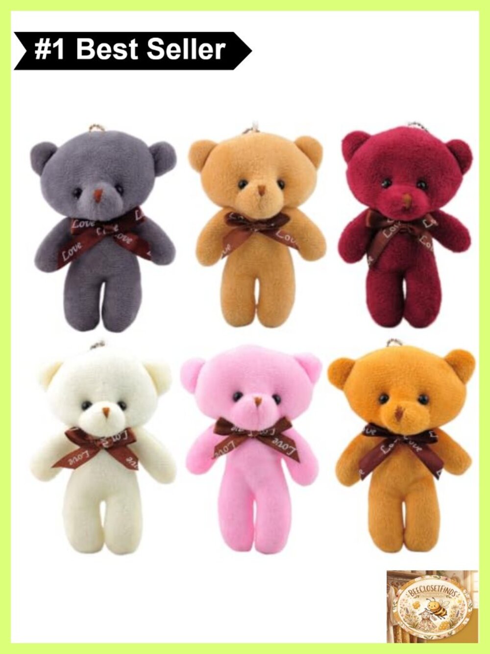 6Pc Plush Bear Keychain Set Purse Bag Charm Gift